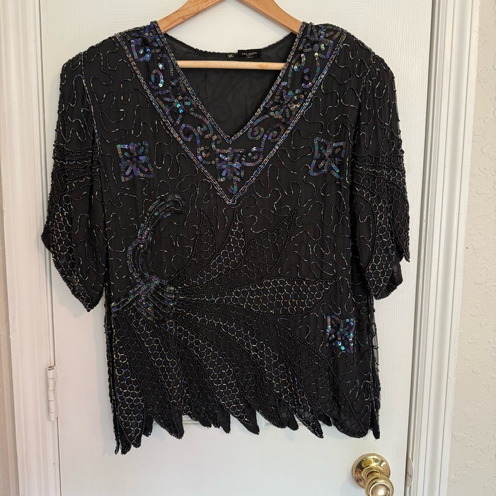 Mark And John II Black Silk Sequin Beaded Shirt Formal Dressy Top XL Vintage